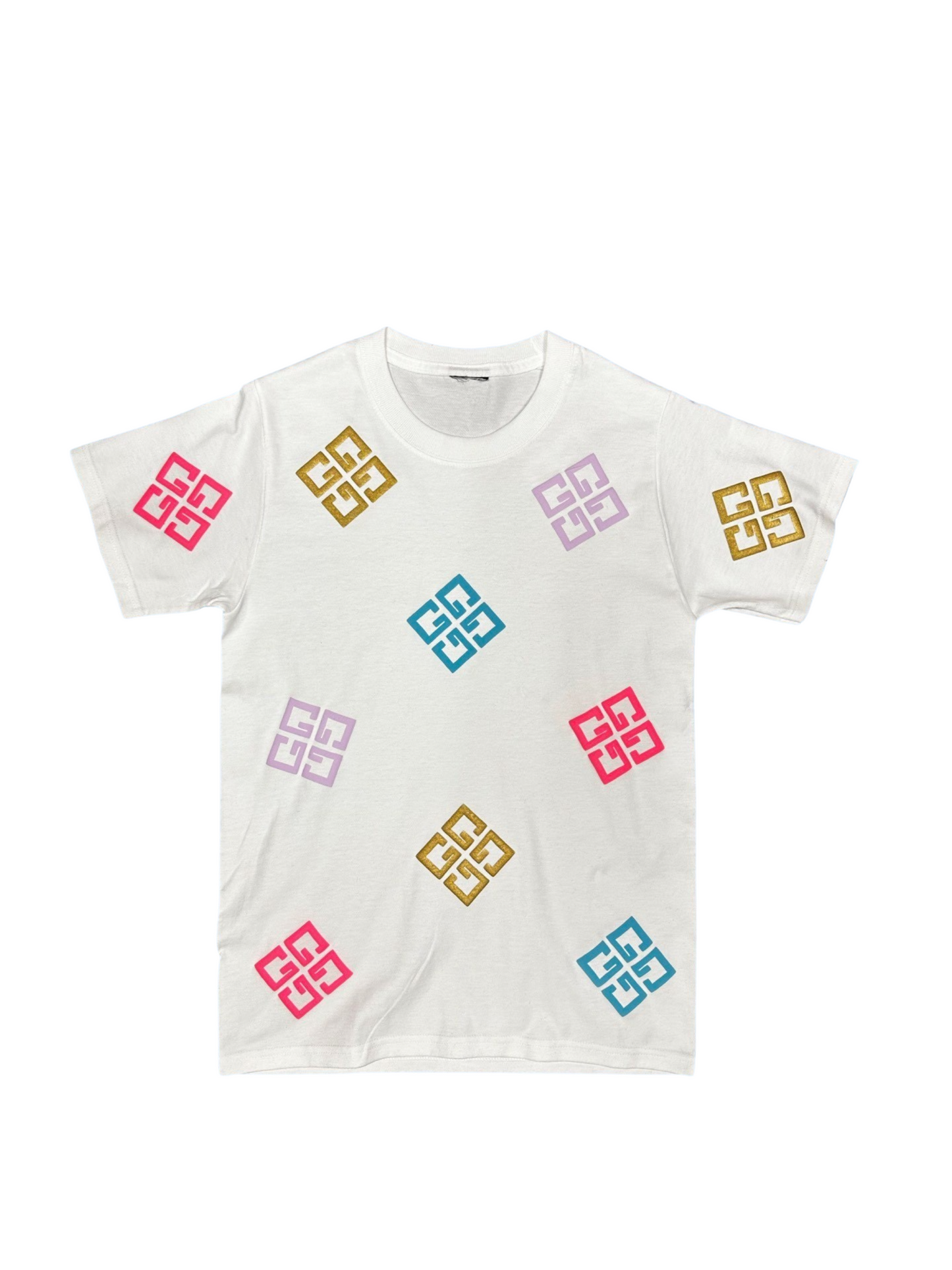 Gifted By Laure’alle & Co. 4G design shirt in white featuring colorful geometric patterns