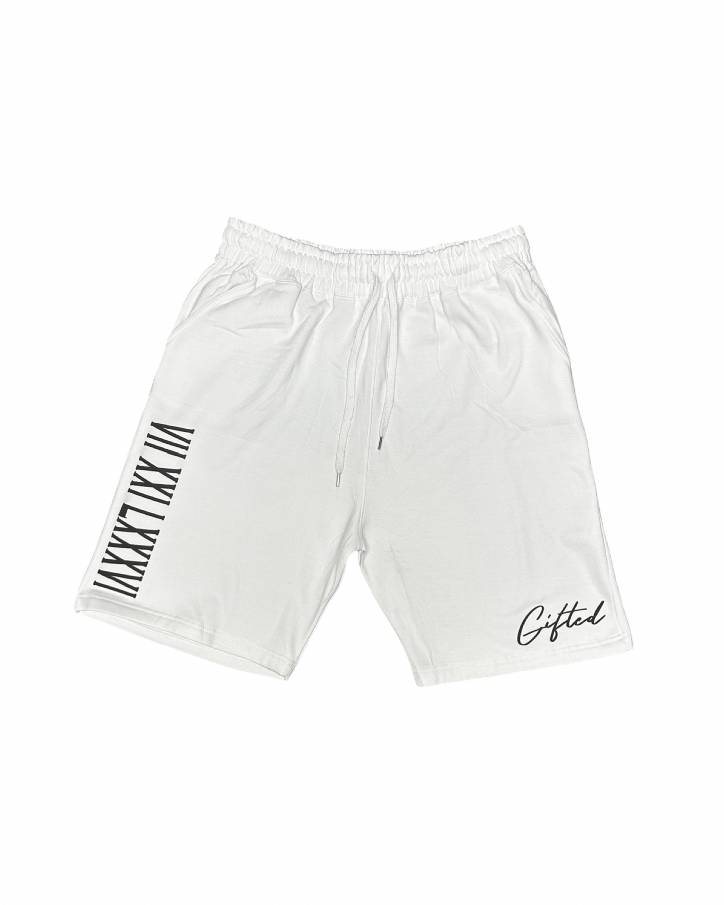 White graphic tee set featuring comfortable shorts with 'Gifted' logo for a stylish look