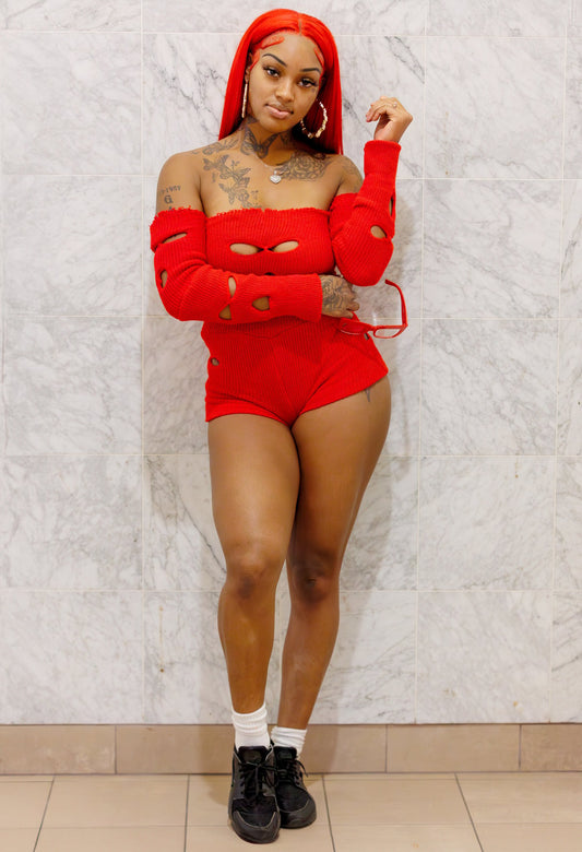 Red ski mask bodysuit