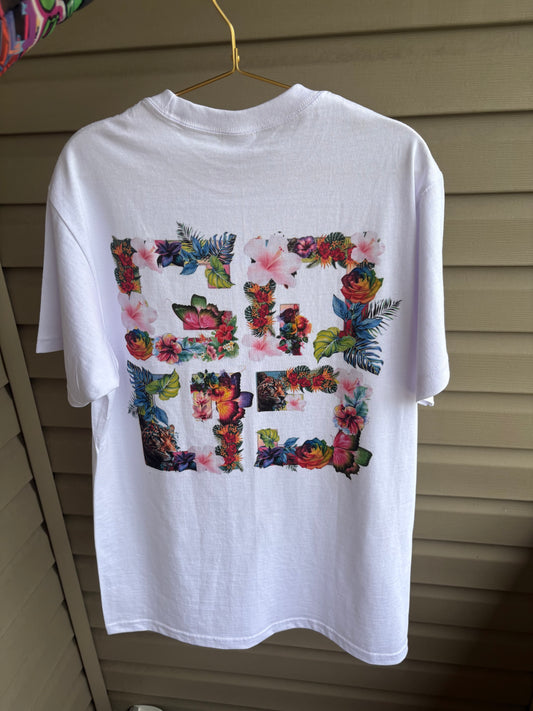 Custom floral t-shirt featuring vibrant floral design on the back for a stylish casual look