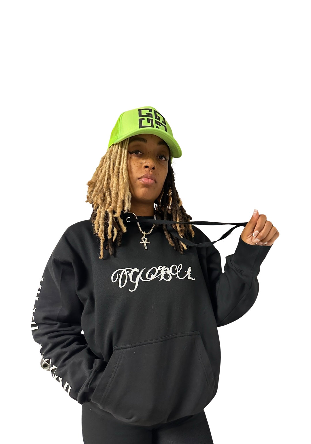 Fashionable custom GBL hoodie in black worn by a model, featuring stylish design and comfortable fit