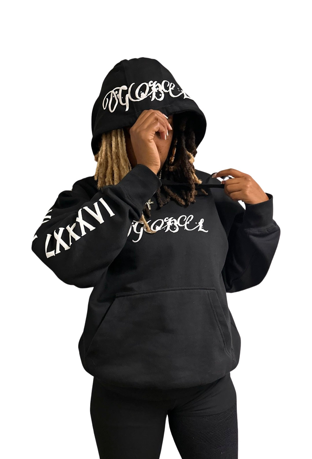 Custom GBL hoodie in black featuring stylish typography on the sleeves for a trendy look
