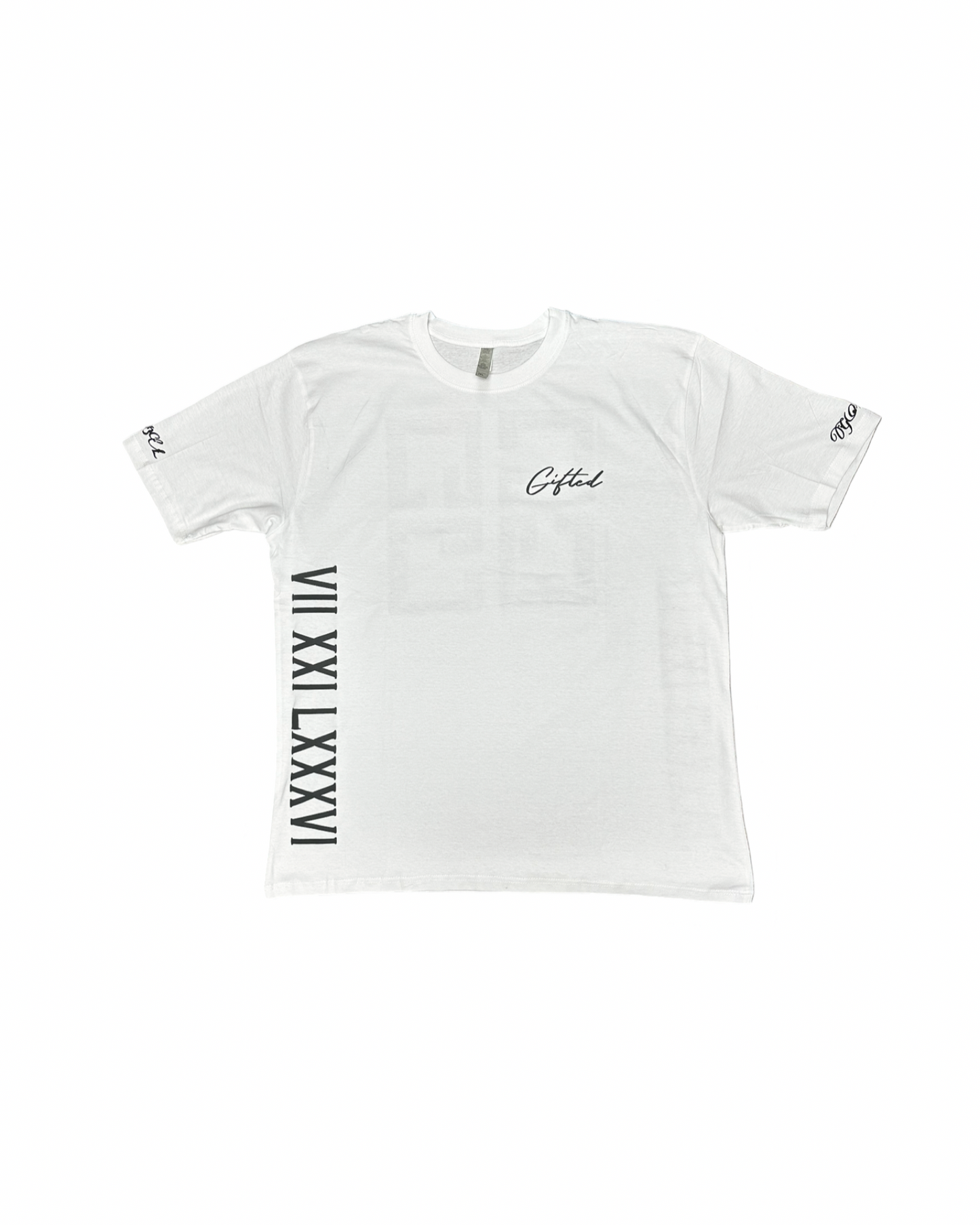White graphic tee set by Gifted By Laure’alle & Co. featuring stylish logo designs