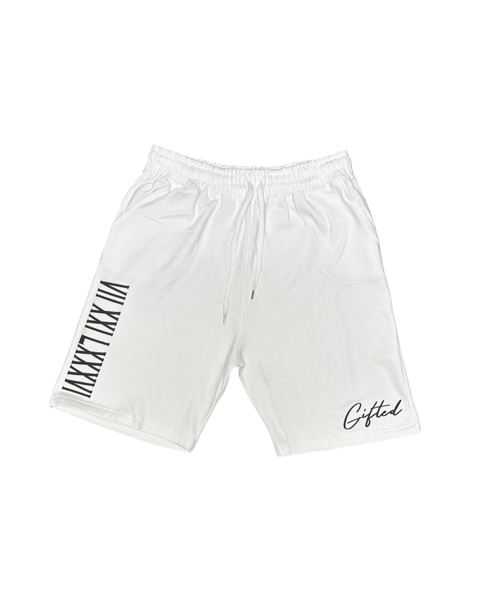 White graphic tee set featuring comfortable shorts with 'Gifted' logo for a stylish look