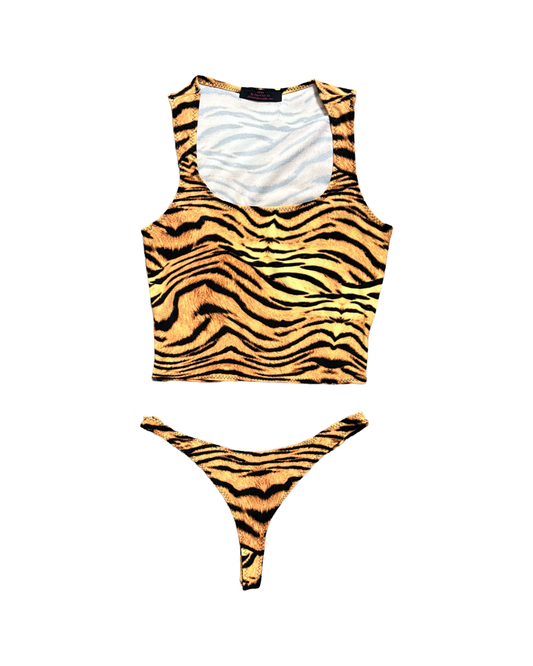 Tiger print loungewear set featuring a tank top and matching thong in bold orange and black stripes