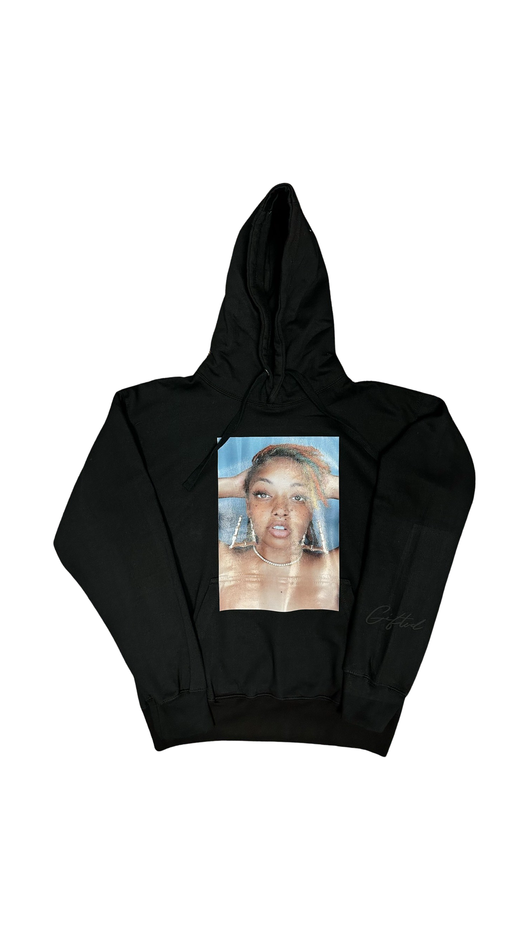 Unique fashion hoodie in black featuring a vibrant graphic print on the front from Gifted By Laure’alle & Co.