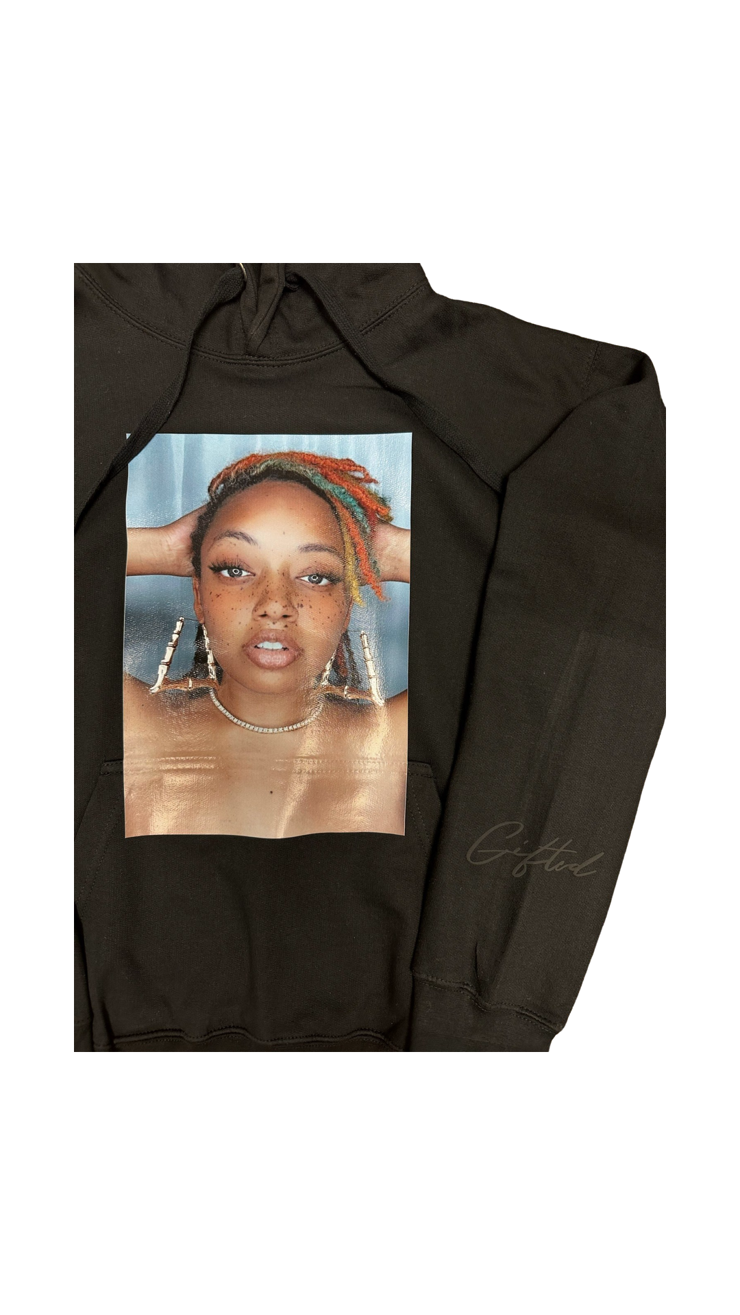 Unique fashion hoodie featuring a vibrant design and striking portrait for trendy style