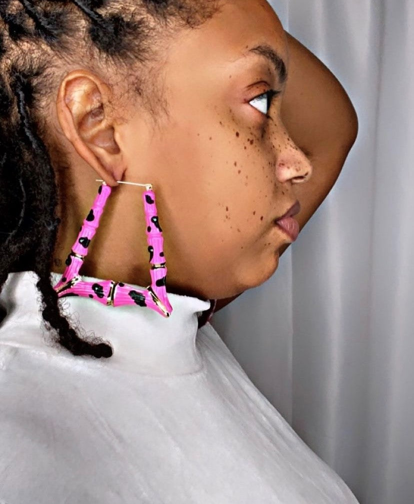 Pink cow print bamboo earrings